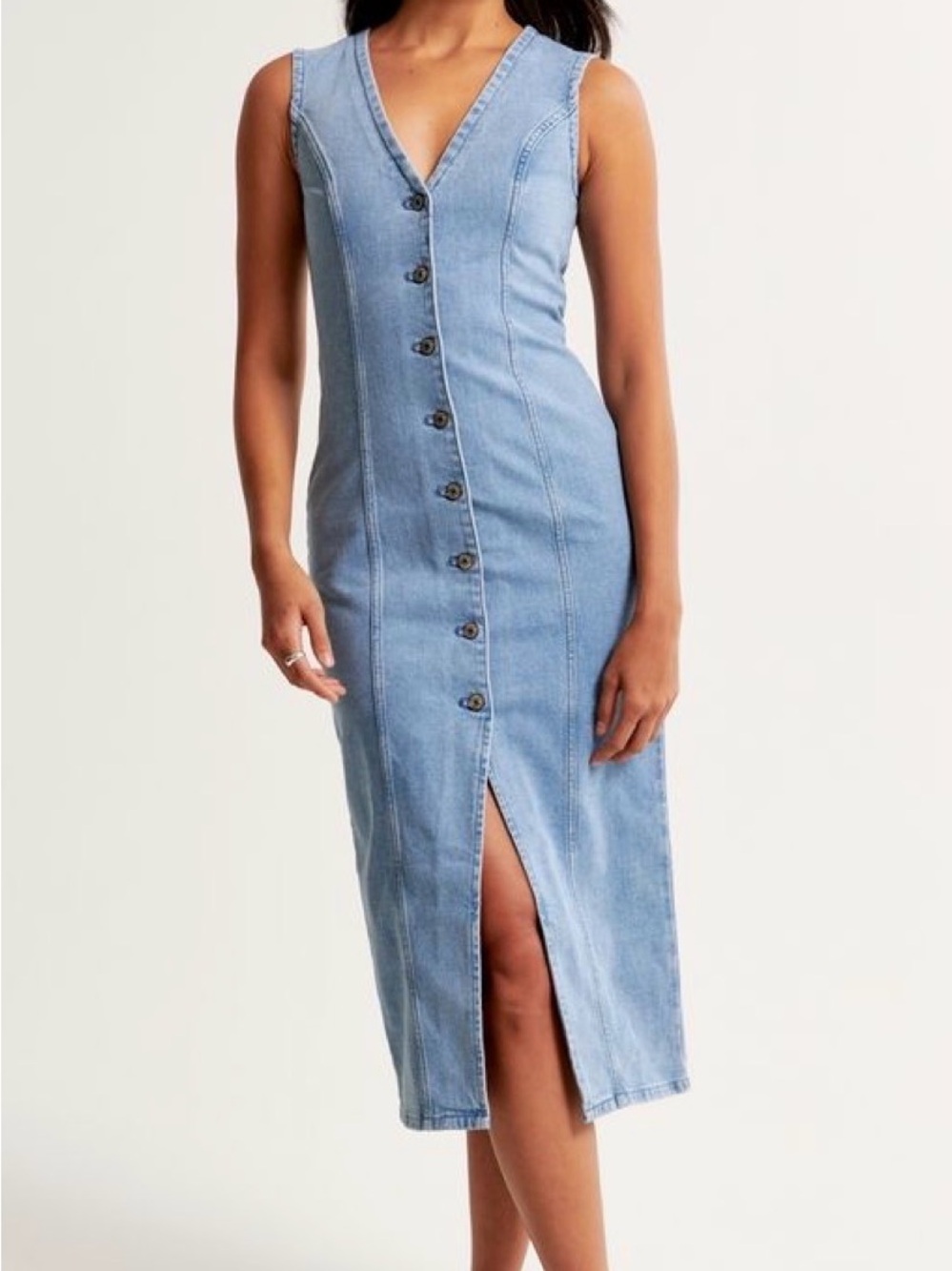 Abercrombie & Fitch Light Blue Denim Midi Button-Front Dress